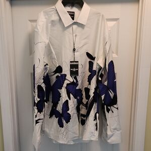 Men's White and Blue Butterfly Print Shirt
